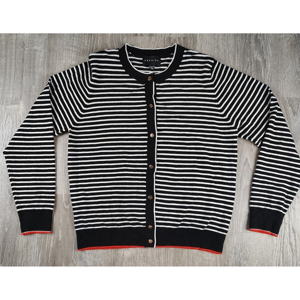 Premise Womens XL‎ Black White Stripe Gold Button Cardigan Sweater Nautical Prep